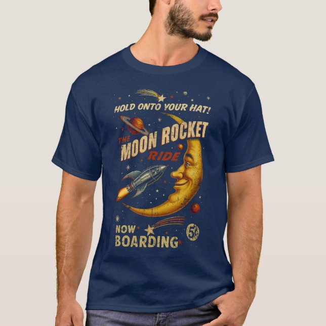 Camiseta masculina de lunas con cohetes (marina) (Anverso)