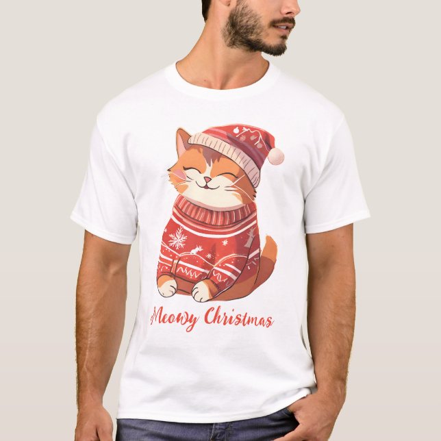 Camiseta masculina de Navidades Meowy con gato fes (Anverso)