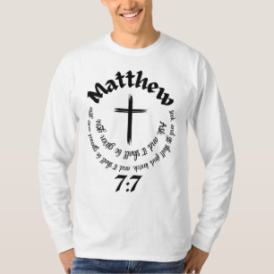 Camiseta Mateo 7:7 Biblia Circular Verso Y Cruz Centro
