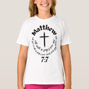 Camiseta Mateo 7:7 Biblia Circular Verso Y Cruz Centro