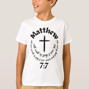 Camiseta Mateo 7:7 Biblia Circular Verso Y Cruz Centro