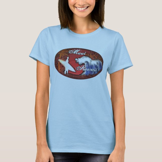 Camiseta Maui Hawaii damas surfista olas tee azul arte (Anverso)