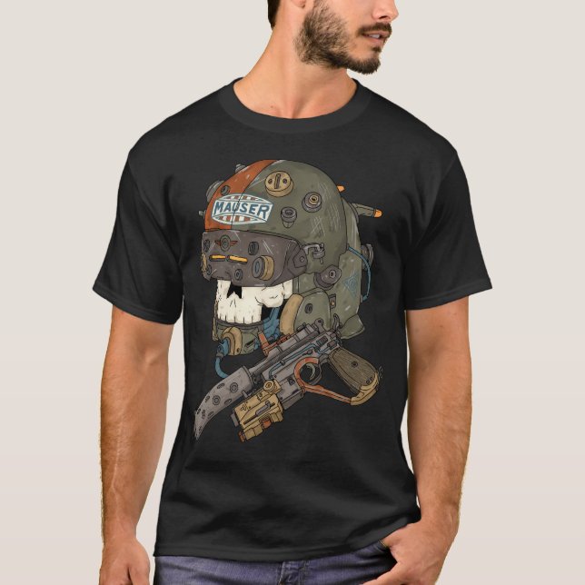 Camiseta Mauser Pistol Pilot. Casco de cráneo Cyberpunk. (Anverso)