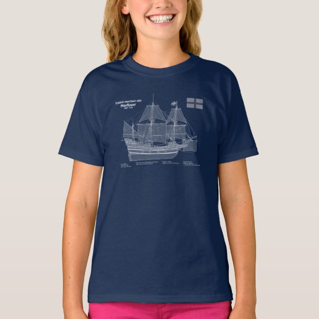 Camiseta Mayflower - Planes de huella azul de barco ABD (Anverso)