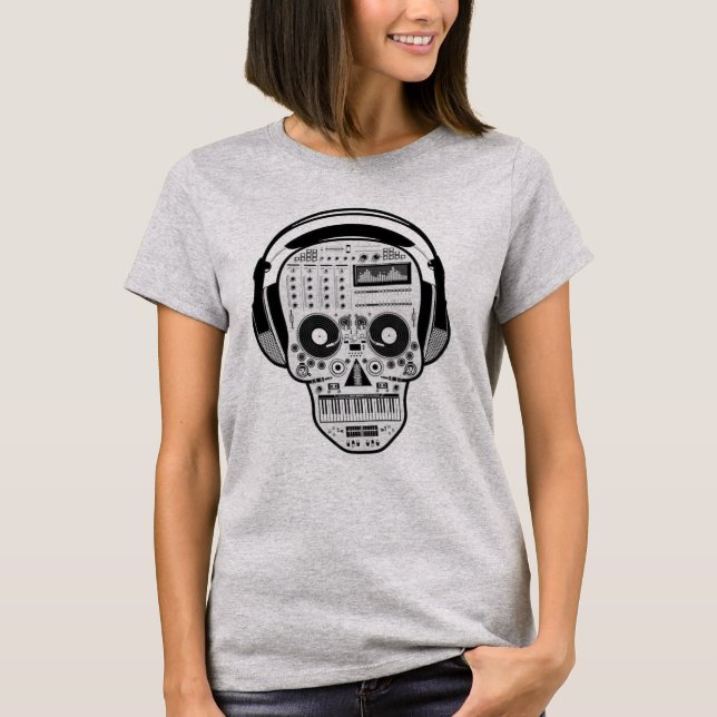 Camiseta ME ENCANTA LA MÚSICA - Calavera audiófila con auri (Anverso)