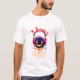 Camiseta Me encanta la música Cara sonriente Auriculares DJ