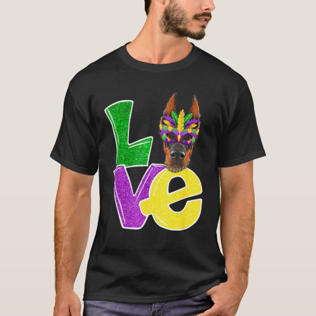 Camiseta Me encanta Mardi Gras Costume Doberman Perro Cacho (Anverso)