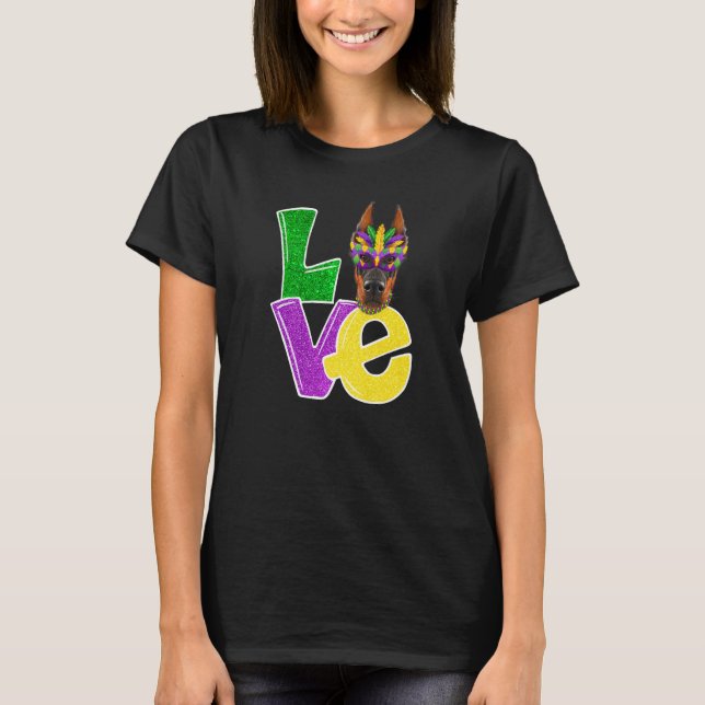 Camiseta Me encanta Mardi Gras Costume Doberman Perro Puppy (Anverso)