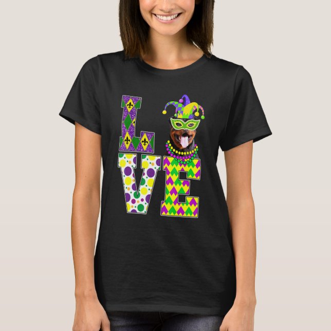 Camiseta Me encanta Mardi Gras Rottweiler Dog Funny Mask Fe (Anverso)