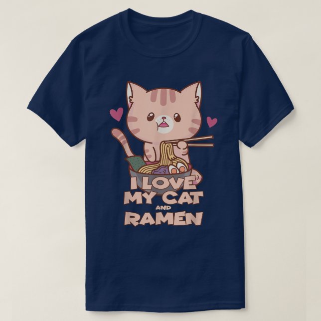 Camiseta Me encanta mi gato y el diseño divertido de ramen (Diseño del anverso)