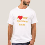 Camiseta Me encanta mi laboratorio de oro<br><div class="desc">Camisas clásicas de los hombres en color blanco y texto en color amarillo dorado y accesorio de declaración de moda informal impreso con la frase de texto de la plantilla de personalizable I ♥️ My Golden Yellow Lab sobre Gorras, Camisetas y productos de Mascota por TheFabricSeal imprimir en tienda a...</div>