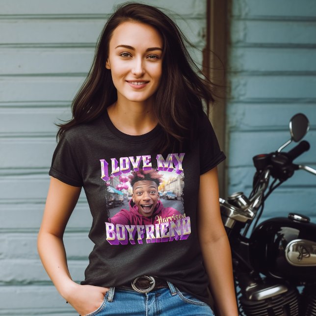 Camiseta Me encanta mi novio, foto de rapero morado de boot (I Love My Boyfriend Purple Bootleg Rapper Photo T-Shirt)