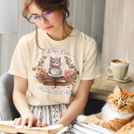 Camiseta Me encantan los gatos, los libros y el café