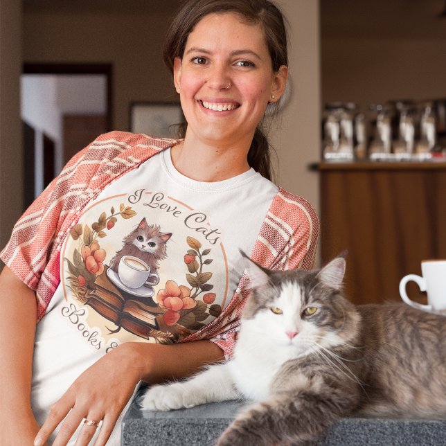 Camiseta Me encantan los gatos, los libros y el café (Subido por el creador)