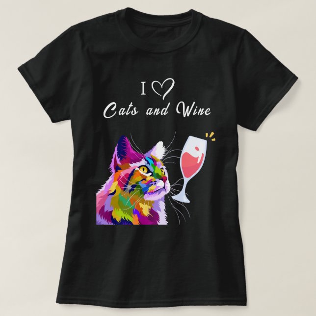 Camiseta Me encantan los gatos y el vino el arte pop modern (Diseño del anverso)