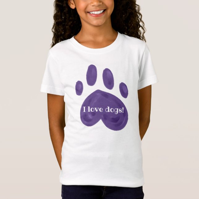 Camiseta "¡Me encantan los perros!" Púrpura Paw Print (Anverso)