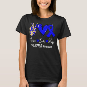 Camiseta MeCFIDS Awareness Peace Love Hope Blue Ribbon