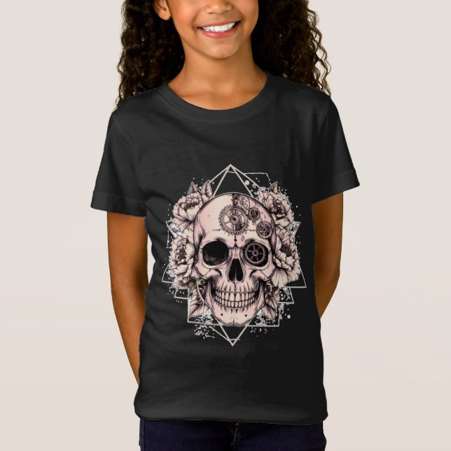 Camiseta "Mechanical Bloom" – Gothic Skull with Floral Gear (Anverso)