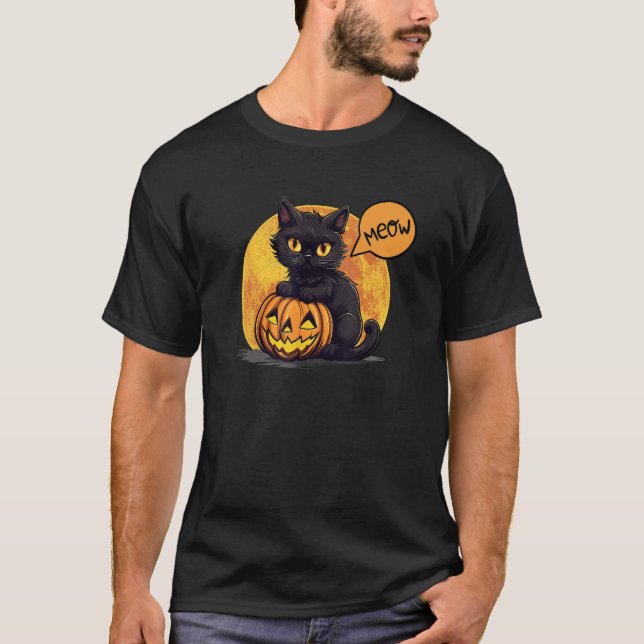 Camiseta Medianoche Meow Black Cat con Jack o lantern Fall (Anverso)
