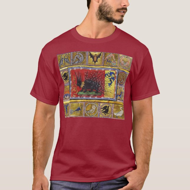 Camiseta MEDIEVAL BESTIARY,BLACK HEDGEHOG KING and ANIMALS (Anverso)
