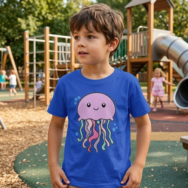 Camiseta Medusa bebé Kawaii sonriente con burbujas (Cute smiling Kawaii Baby Jellyfish with Bubbles. Boy Basic Blue T-Shirt)