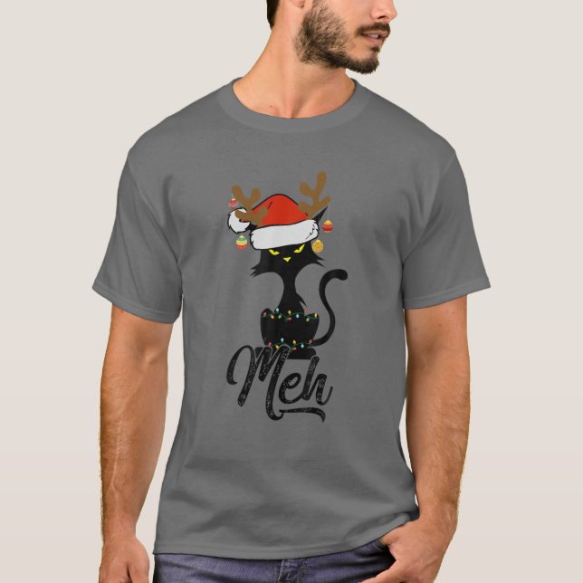 Camiseta Meh Black Cat Christmas, Funny Anti Christmas Cat (Anverso)