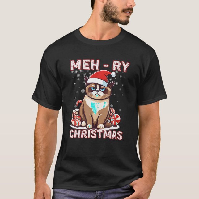 Camiseta Meh ry Navidades Meh Cat Gracioso Gato Sarcástico  (Anverso)