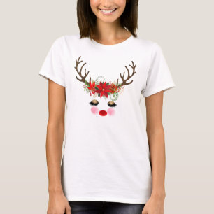 Camiseta Mejillas Rosadas Ojos Dorados Reno Floral Vacacion