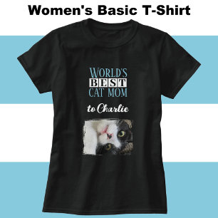 Camiseta Mejor gato mamá foto añadir nombre azul blanco