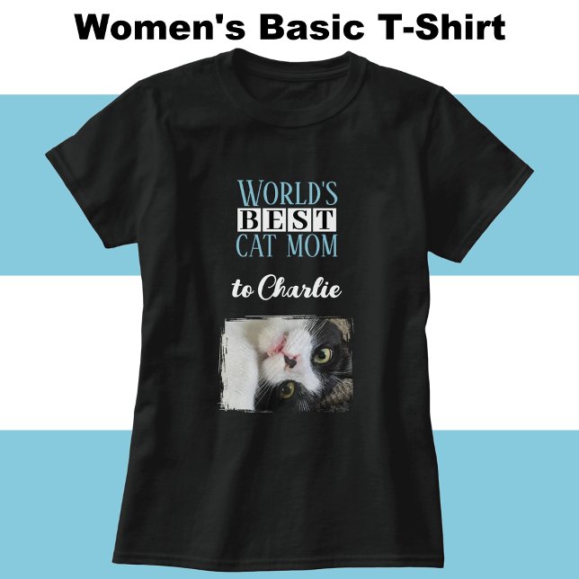 Camiseta Mejor gato mamá foto añadir nombre azul blanco (Subido por el creador)