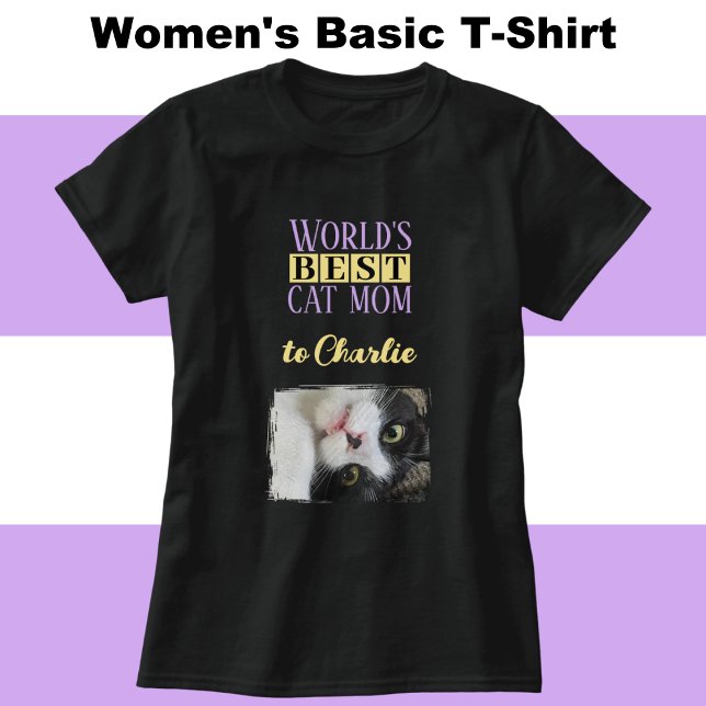 Camiseta Mejor gato mamá foto añadir nombre morado amarillo (Subido por el creador)
