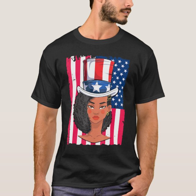 Camiseta Melanin Chica Negra Tío Sam Gorra 4 De Julio Mujer (Anverso)