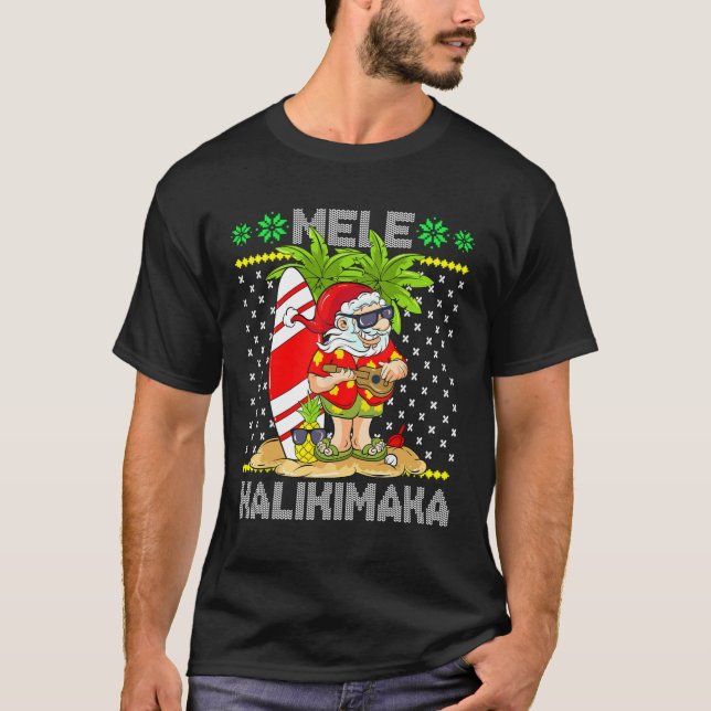 Camiseta Mele Kalikimaka Santa Claus Surfer Guitar Hawaiian (Anverso)