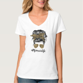 Camiseta Memaw Life Messy Hair Bun Leopard Women