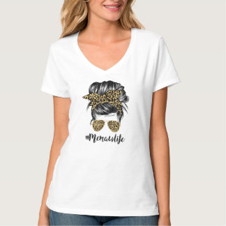 Camiseta Memaw Life Messy Hair Bun Leopard Women