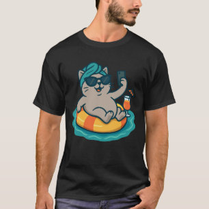 Camiseta Meme de gato divertido flotador de piscina selfie 