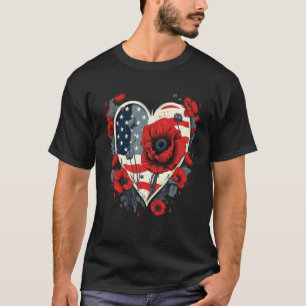 Camiseta Memorial Day Red Poppy Flor Estados Unidos Bandera