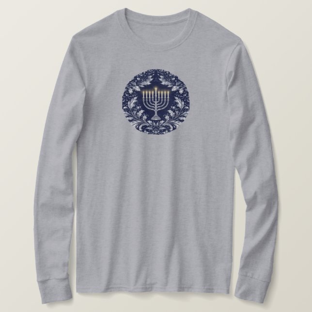 Camiseta Menorá Azul Marino Profundo Patrón William Morris (Anverso del diseño)