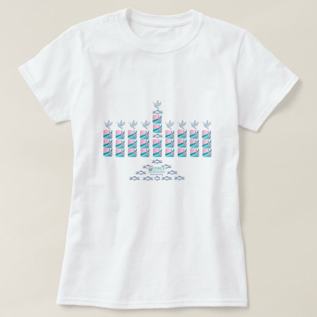 Camiseta ¡MENORAH-Rosado y trullo! (Diseño del anverso)