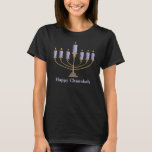 Camiseta Menorah T-Shirt<br><div class="desc">"Feliz Chanukah" con una menorah con velas azules.</div>