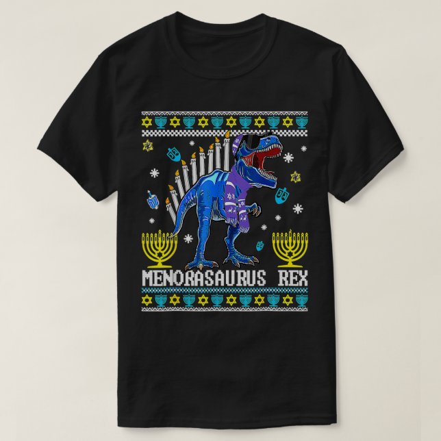 Camiseta Menorasaurus Rex Trex Menorah Ugly Hanukkah Chanuk (Diseño del anverso)