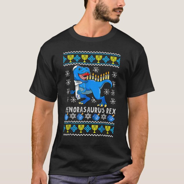 Camiseta Menorasaurus Rex Trex Menorah Ugly Hanukkah Chanuk (Anverso)