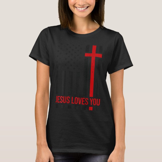 Camiseta Mens American Flag Jesus Loves You Christian Faith (Anverso)