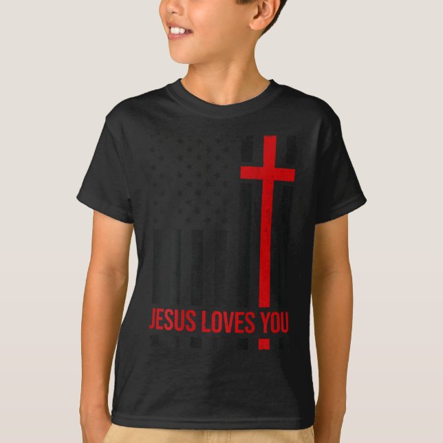 Camiseta Mens American Flag Jesus Loves You Christian Faith (Anverso)