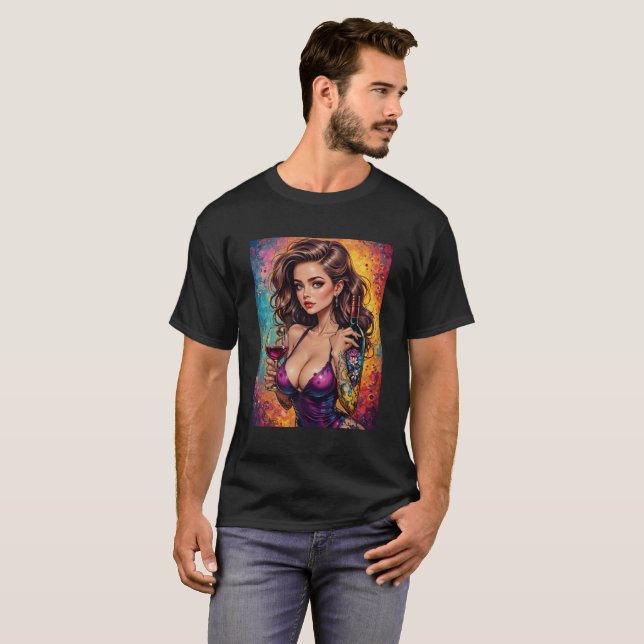 Camiseta Mens Beautiful Graphic Image of Wine & Women (Anverso completo)