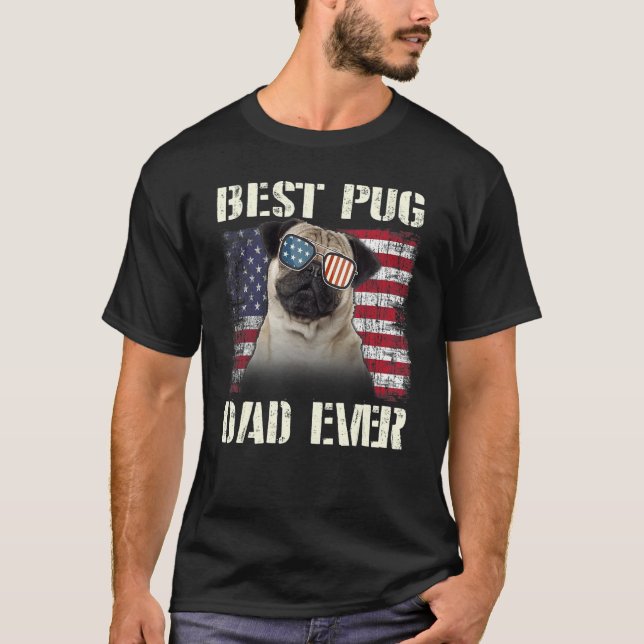 Camiseta Mens Best Pug Love Sunglasses Dad Ever American Fl (Anverso)