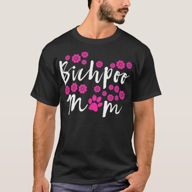 Camiseta Mens Bichpoo Mom Pink Flower Design con rosa Paw (Anverso)