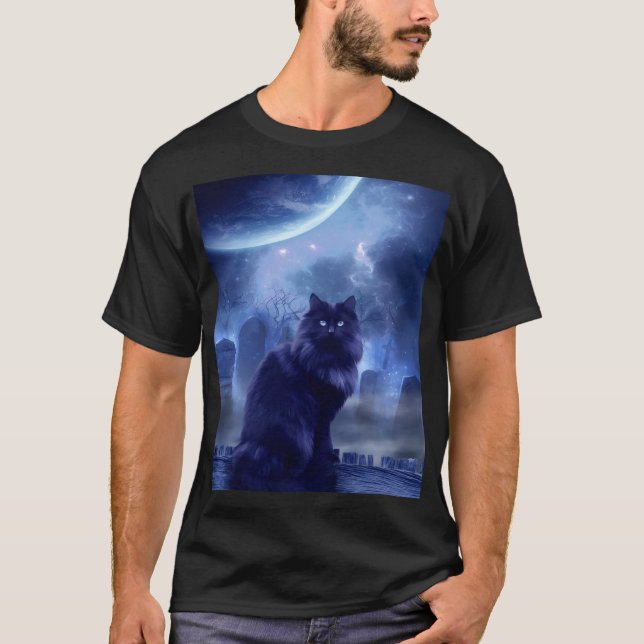 Camiseta men's black cat and moon light (Anverso)