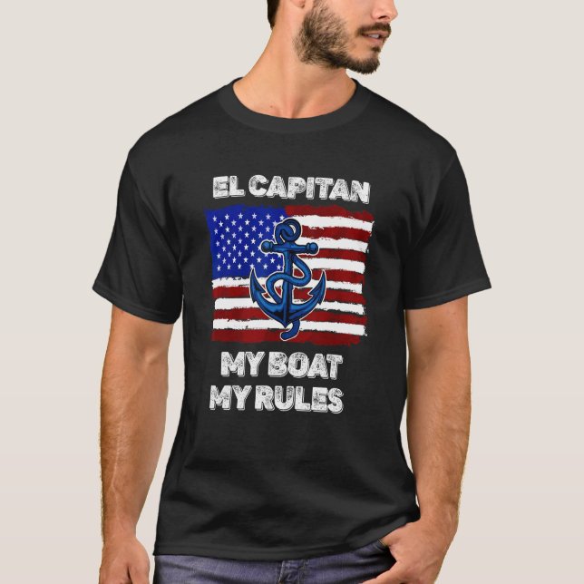 Camiseta Mens Capitan My Boat My Rules Pontoon American Fla (Anverso)