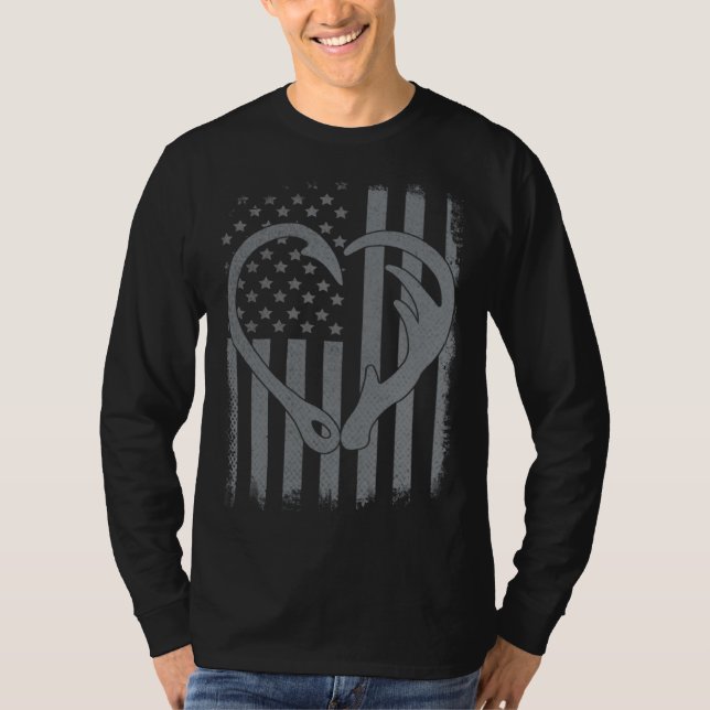 Camiseta Mens Fishing Hunting US Flag Husband Dad Hook Horn (Anverso)